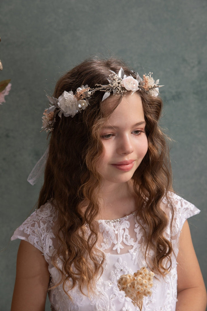 White Flower Hair Wreath: First Communion Bridal Headpiece – handmade floral hair accessory by magaela