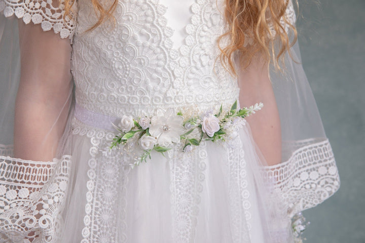 Floral First Communion Belt: White Flower Girl Dress Sash – handmade floral hair accessory by magaela