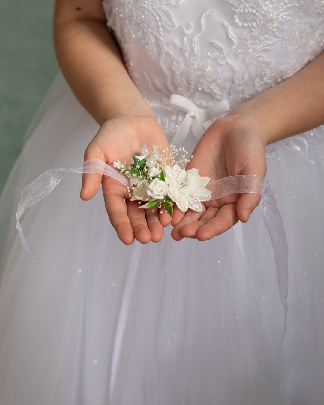 First Communion Flower Bracelet: White Rose & Pearl Floral Corsage – handmade floral hair accessory by magaela
