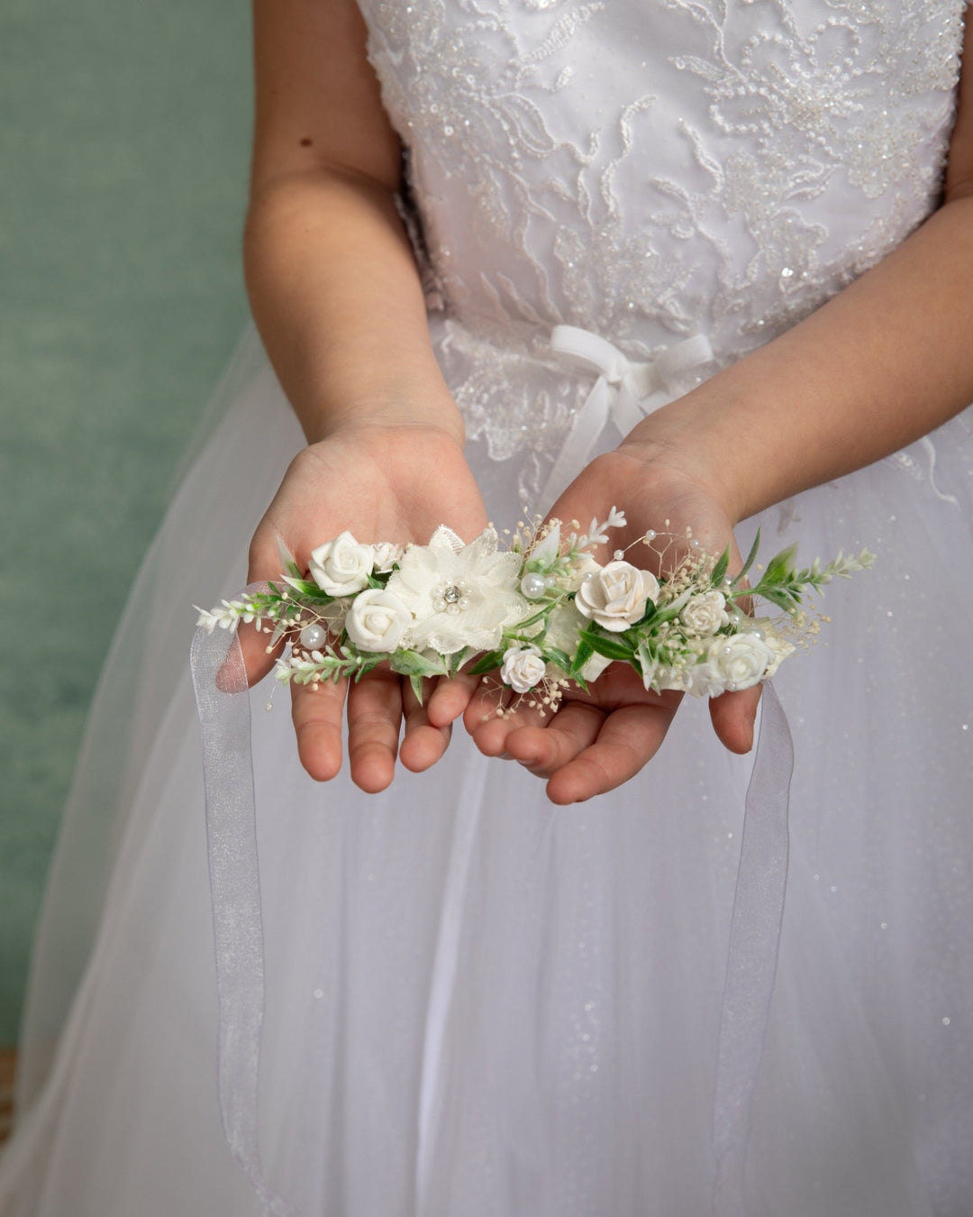Floral First Communion Belt: White Flower Girl Dress Sash – handmade floral hair accessory by magaela