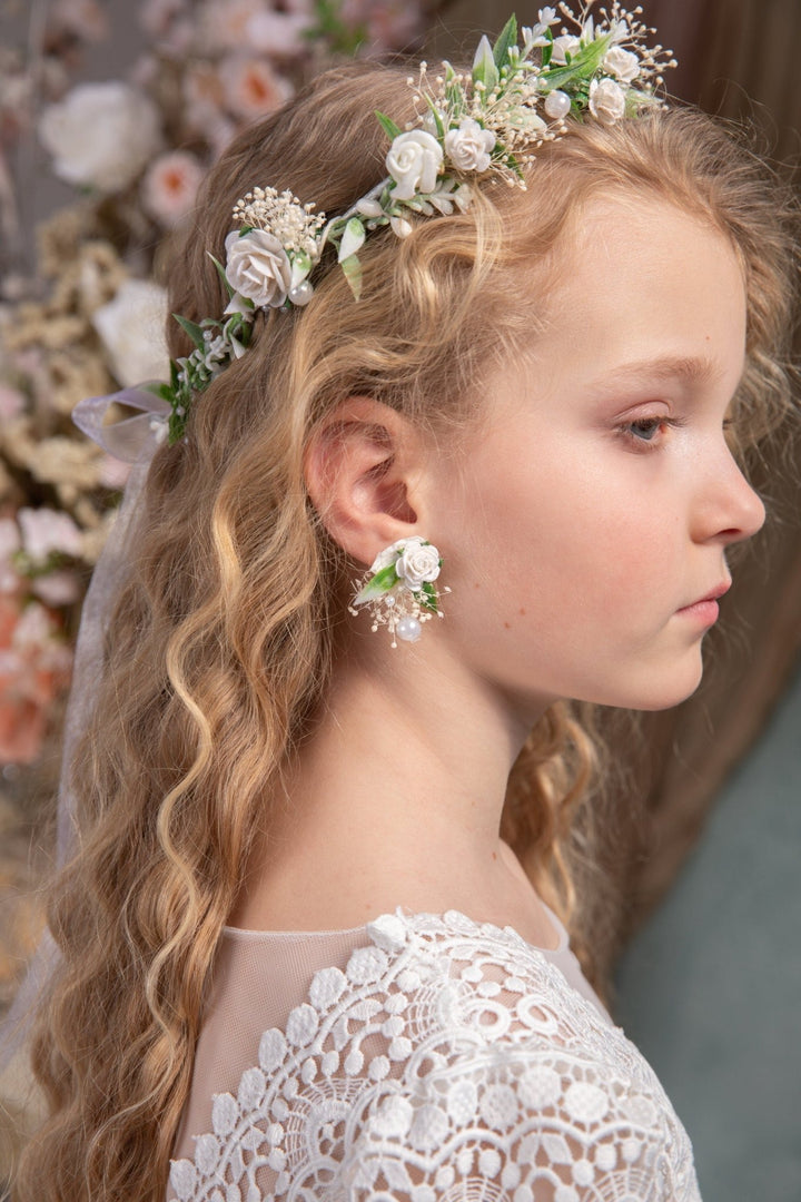 Floral Pearl Earrings: Handmade Communion Bridal Jewelry – handmade floral hair accessory by magaela