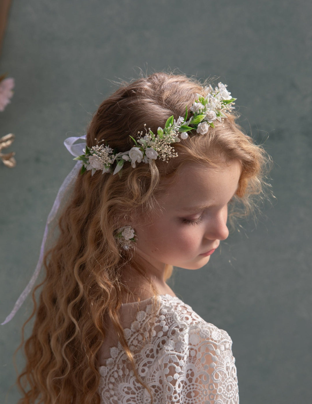 Flower Hair Wreath with Pearls: First Communion Bridal Crown – handmade floral hair accessory by magaela