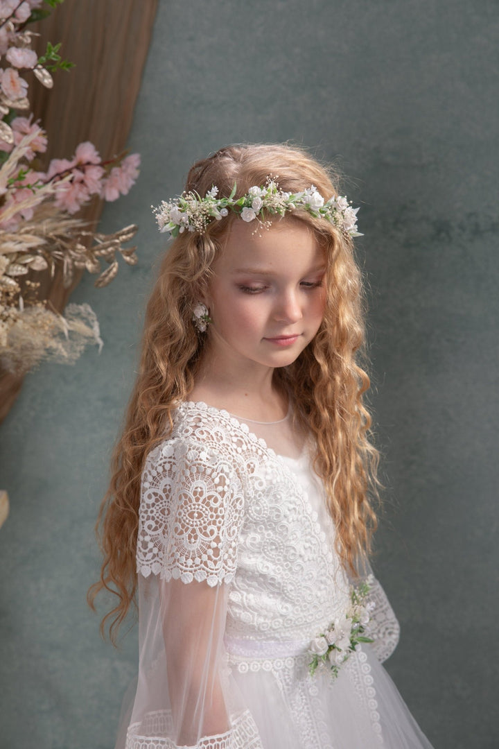 Flower Hair Wreath with Pearls: First Communion Bridal Crown – handmade floral hair accessory by magaela