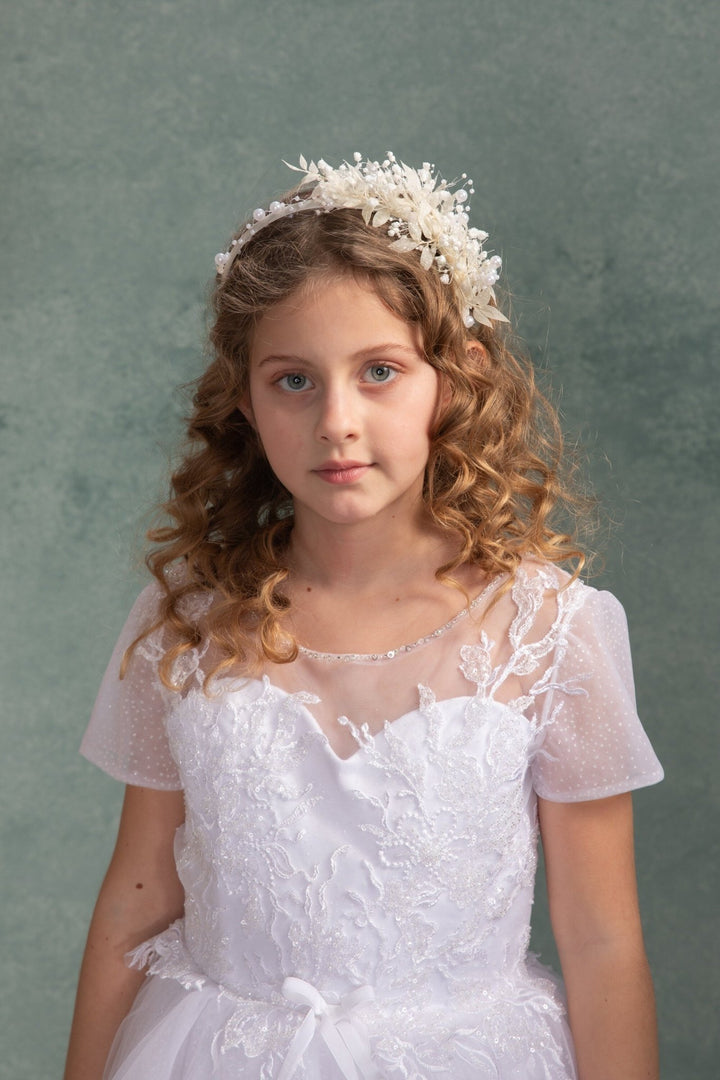 White Flower Crown: First Communion Headband with Pearls – handmade floral hair accessory by magaela