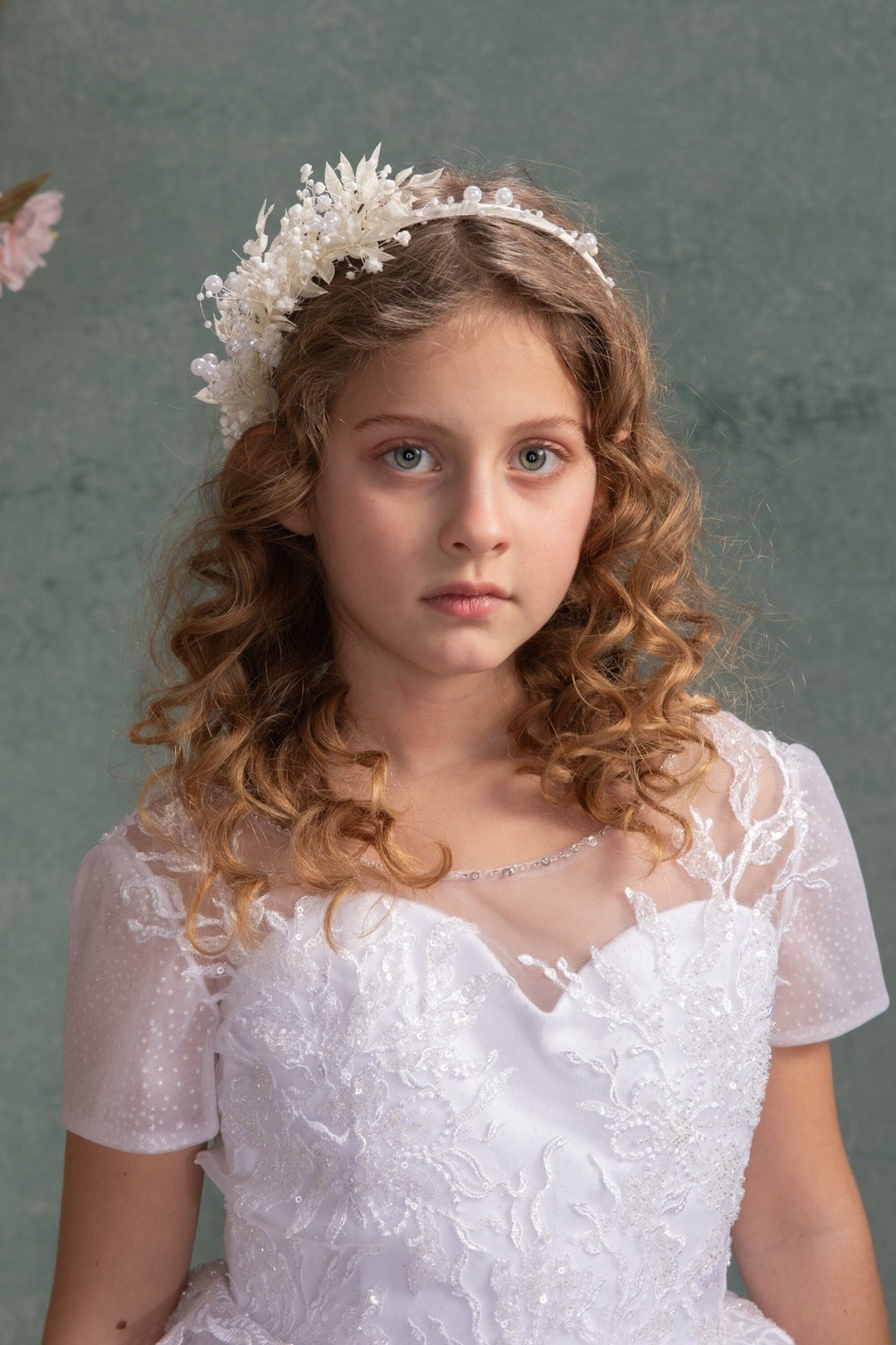 White Flower Crown: First Communion Headband with Pearls – handmade floral hair accessory by magaela
