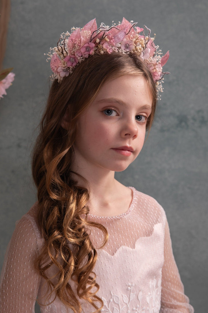 Pink Floral Crown: Communion Headband, Bridal Tiara – handmade floral hair accessory by magaela