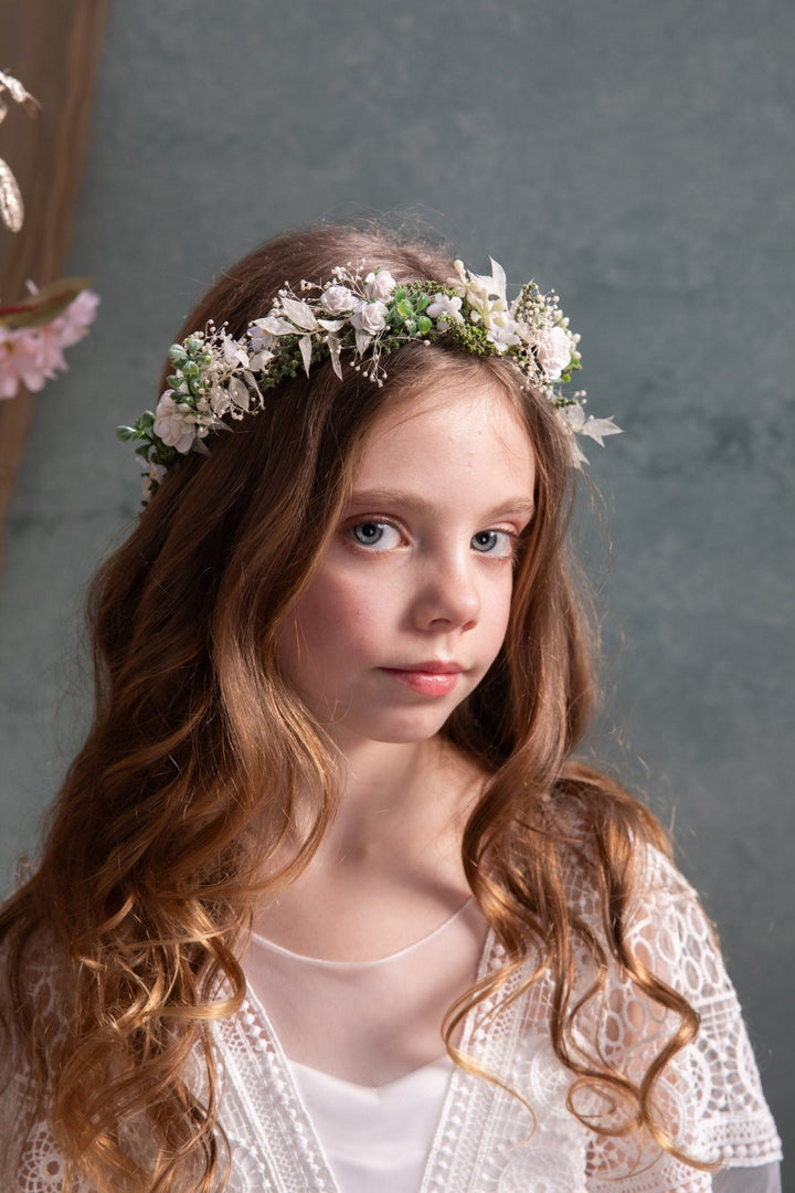 White Rose Flower Crown: First Communion Hair Wreath – handmade floral hair accessory by magaela
