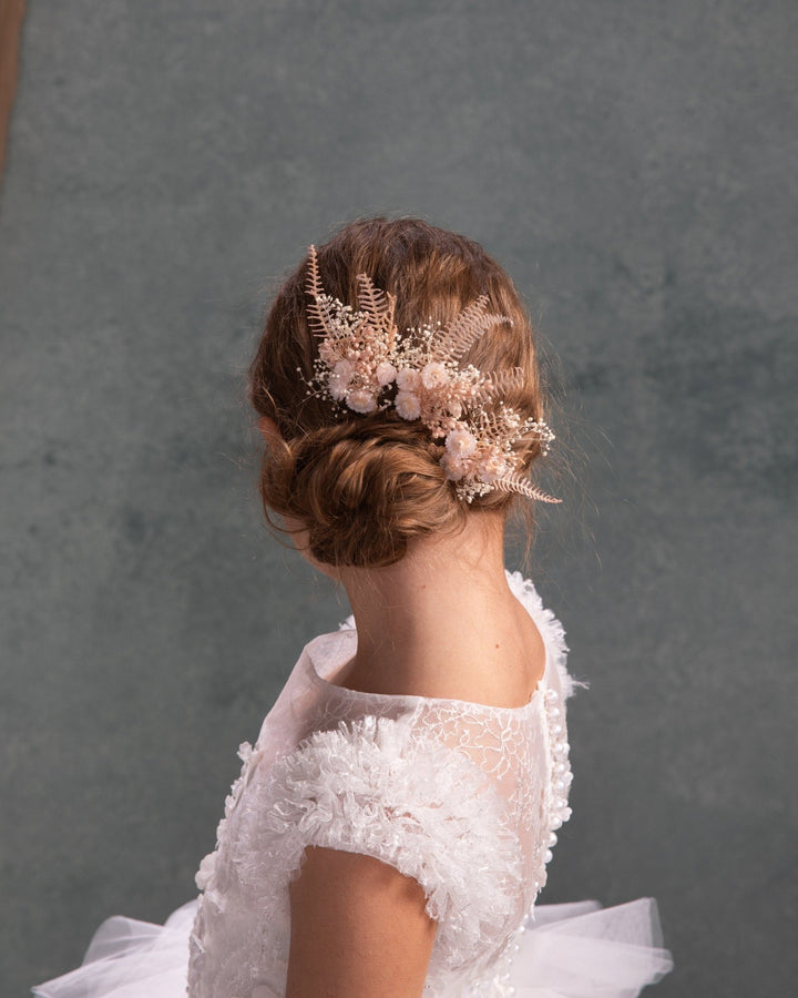 Pink Preserved Flower Hair Pin: First Communion Headpiece – handmade floral hair accessory by magaela