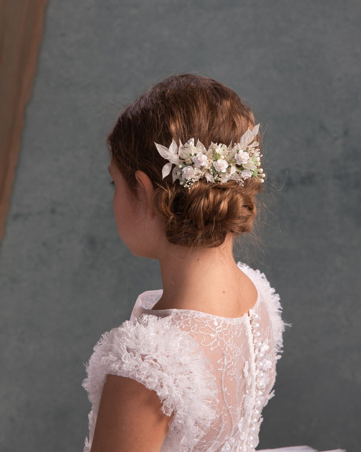 White Rose Flower Hair Comb: First Communion Headpiece – handmade floral hair accessory by magaela