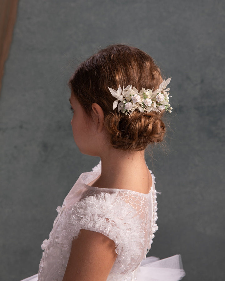 White Rose Flower Hair Comb: First Communion Headpiece – handmade floral hair accessory by magaela