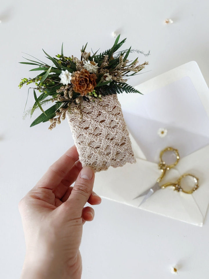 Woodland Groom Pocket Boutonniere: Natural Pine Cone Square Corsage – handmade floral hair accessory by magaela