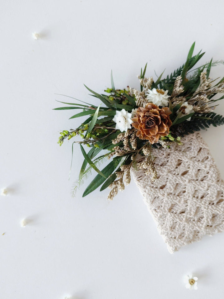 Woodland Groom Pocket Boutonniere: Natural Pine Cone Square Corsage – handmade floral hair accessory by magaela