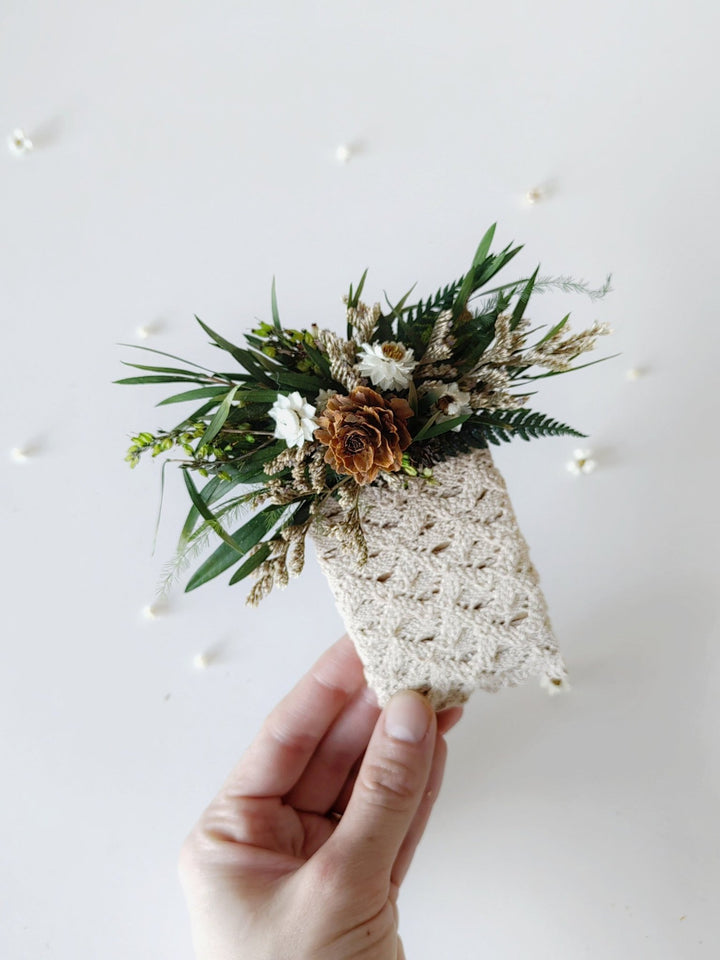 Woodland Groom Pocket Boutonniere: Natural Pine Cone Square Corsage – handmade floral hair accessory by magaela