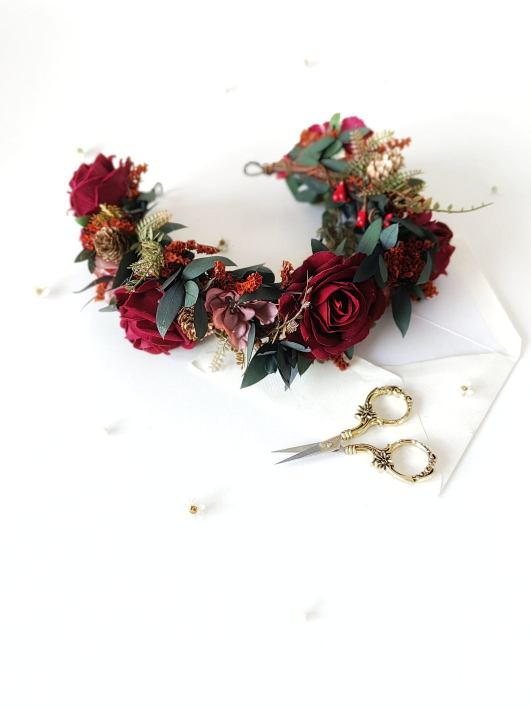 Burgundy Rose Wedding Half Wreath: Boho Bridal Hair Crown – handmade floral hair accessory by magaela