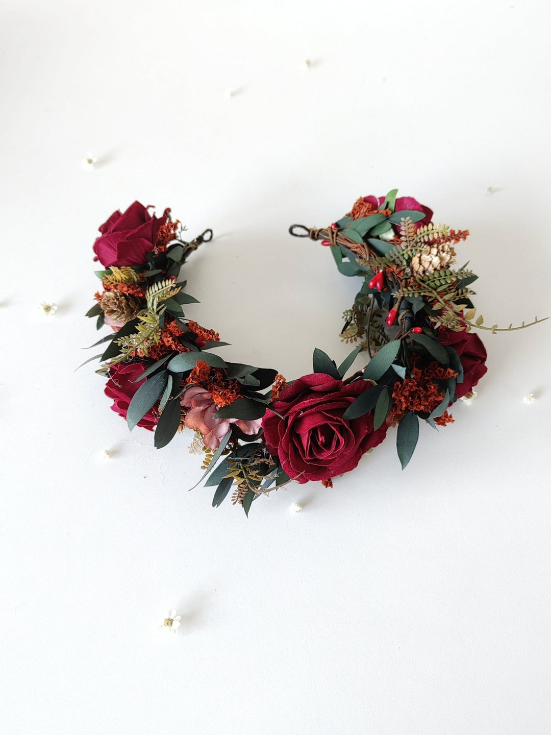 Burgundy Rose Wedding Half Wreath: Boho Bridal Hair Crown – handmade floral hair accessory by magaela