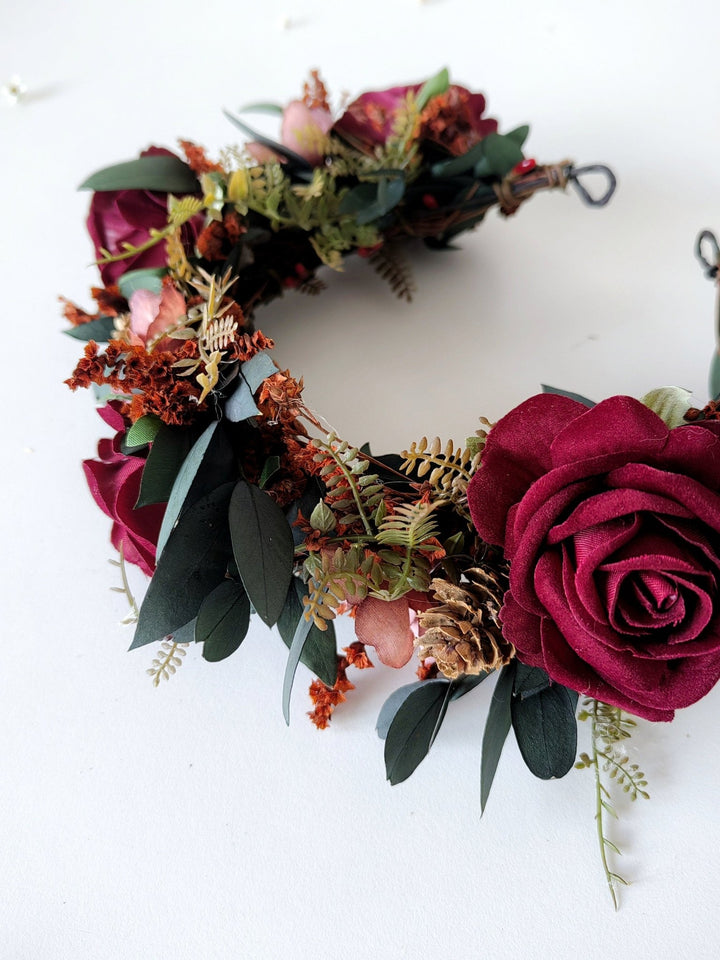 Burgundy Rose Wedding Half Wreath: Boho Bridal Hair Crown – handmade floral hair accessory by magaela