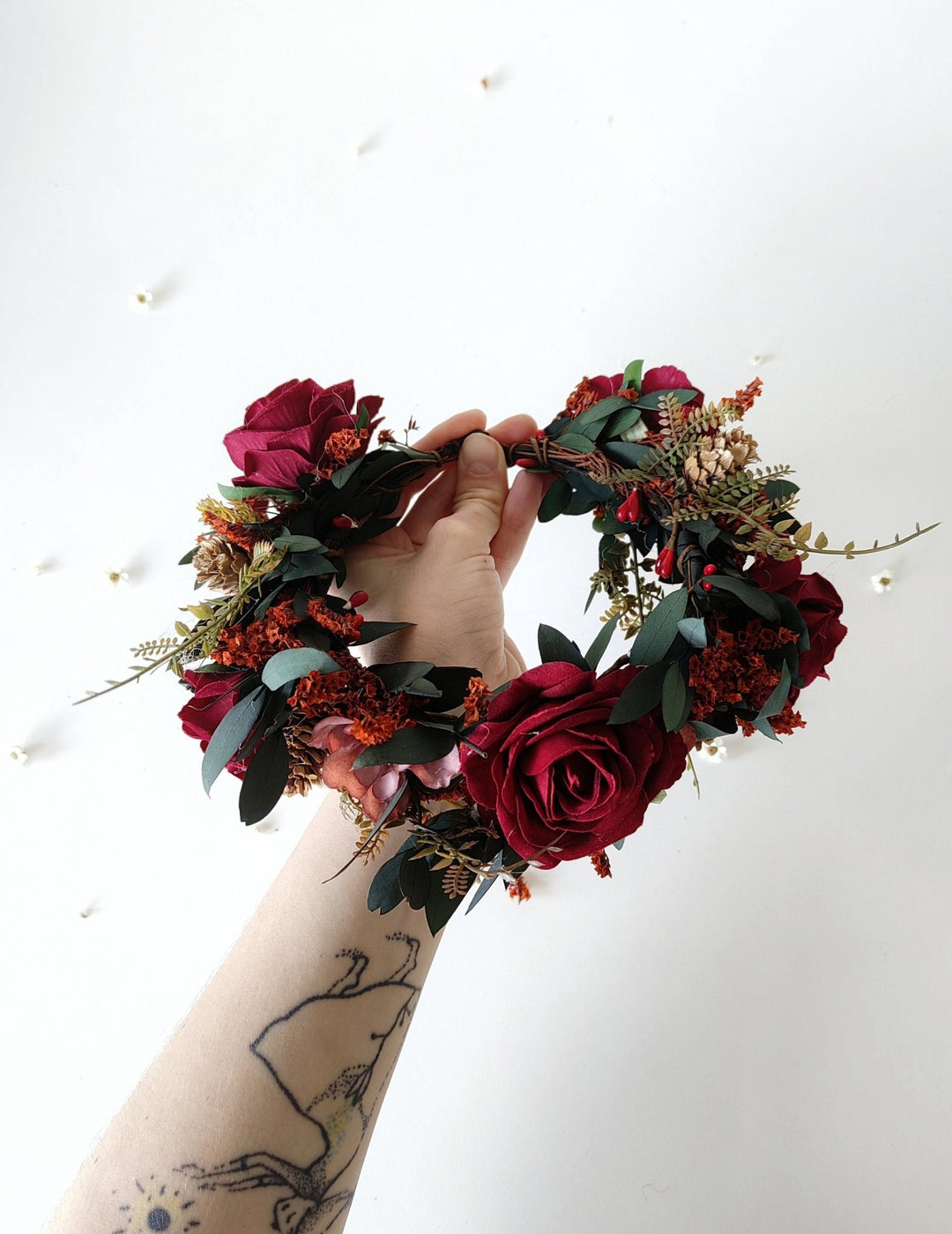 Burgundy Rose Wedding Half Wreath: Boho Bridal Hair Crown – handmade floral hair accessory by magaela