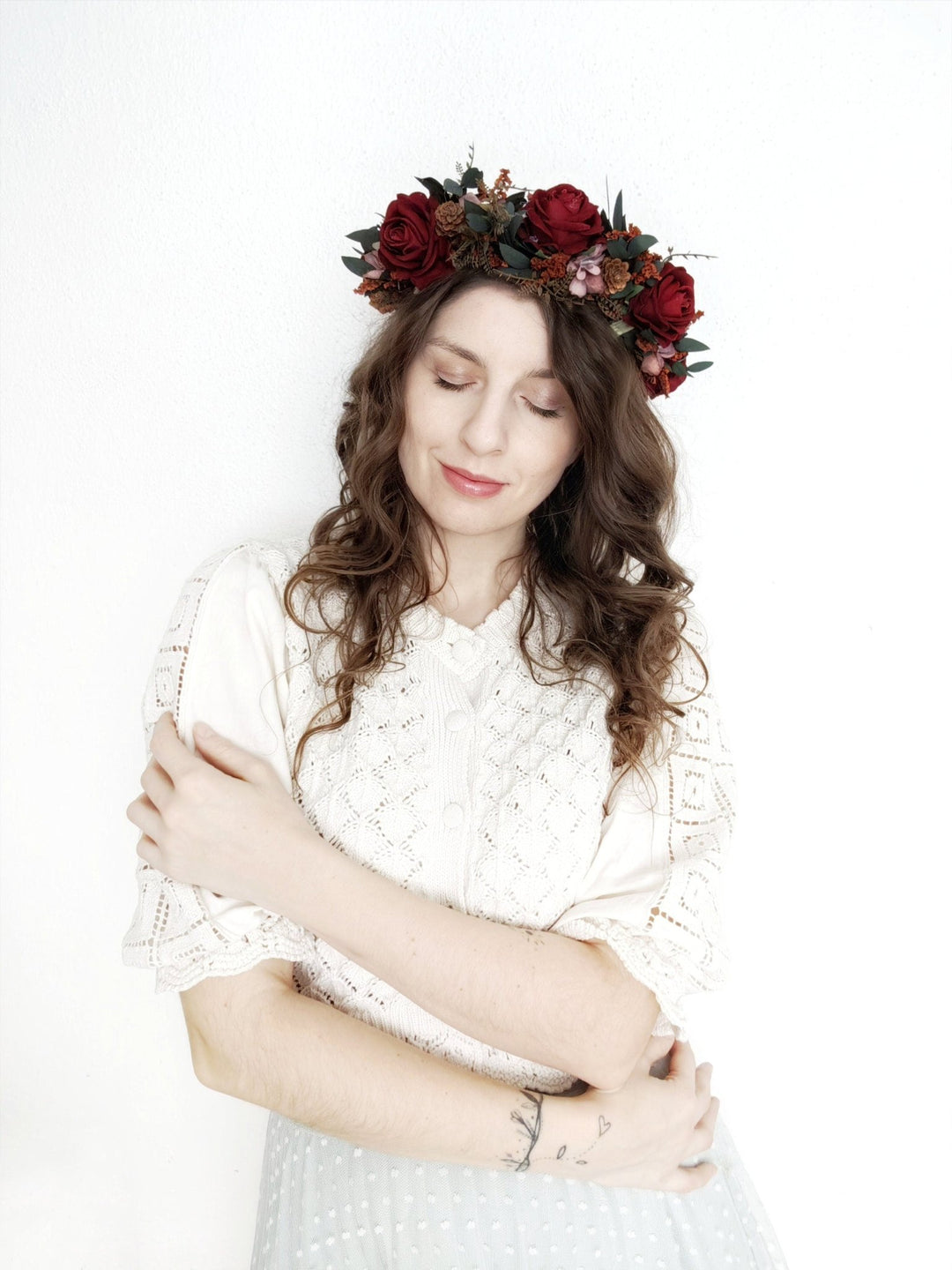 Burgundy Rose Wedding Half Wreath: Boho Bridal Hair Crown – handmade floral hair accessory by magaela