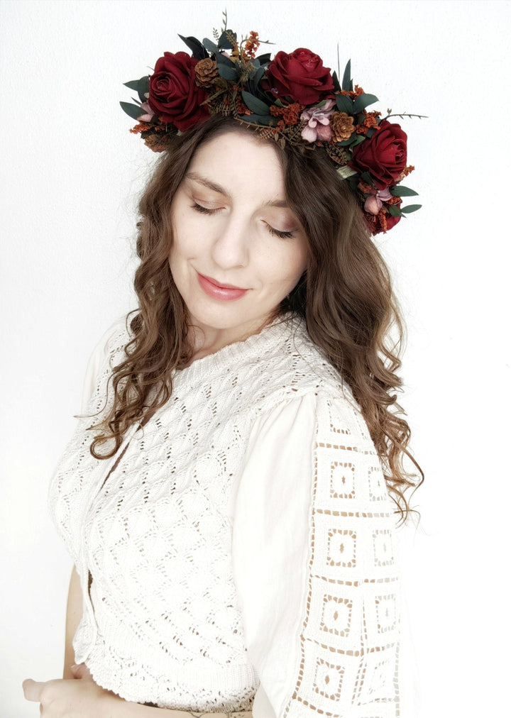 Burgundy Rose Wedding Half Wreath: Boho Bridal Hair Crown – handmade floral hair accessory by magaela
