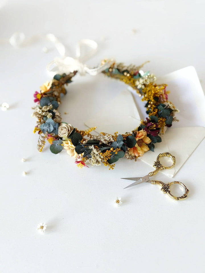 Boho Bridal Flower Crown: Autumn Wedding Headpiece with Eucalyptus – handmade floral hair accessory by magaela