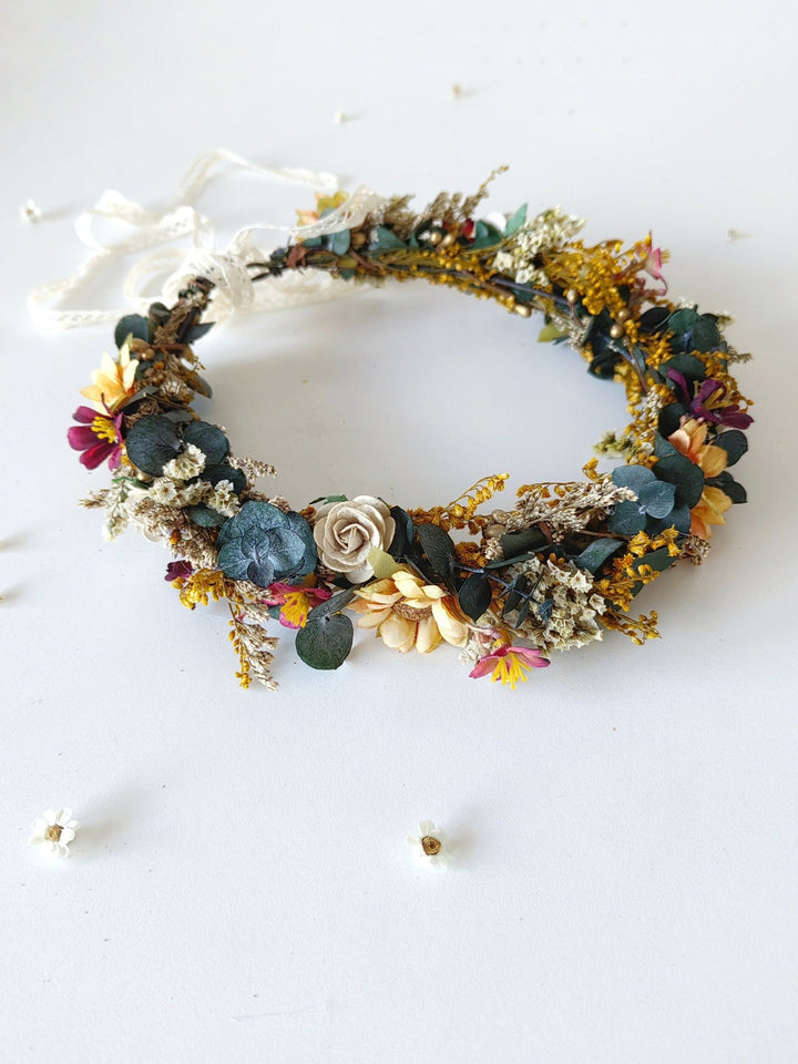 Boho Bridal Flower Crown: Autumn Wedding Headpiece with Eucalyptus – handmade floral hair accessory by magaela