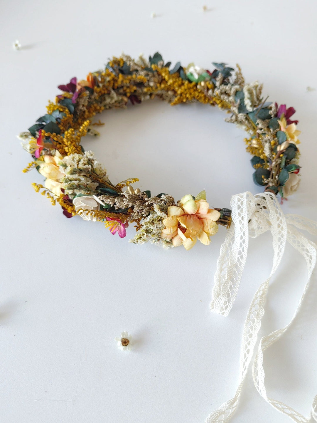 Boho Bridal Flower Crown: Autumn Wedding Headpiece with Eucalyptus – handmade floral hair accessory by magaela