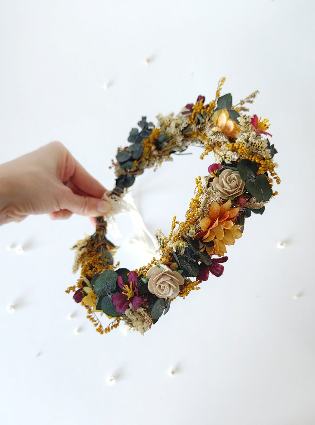 Boho Bridal Flower Crown: Autumn Wedding Headpiece with Eucalyptus – handmade floral hair accessory by magaela