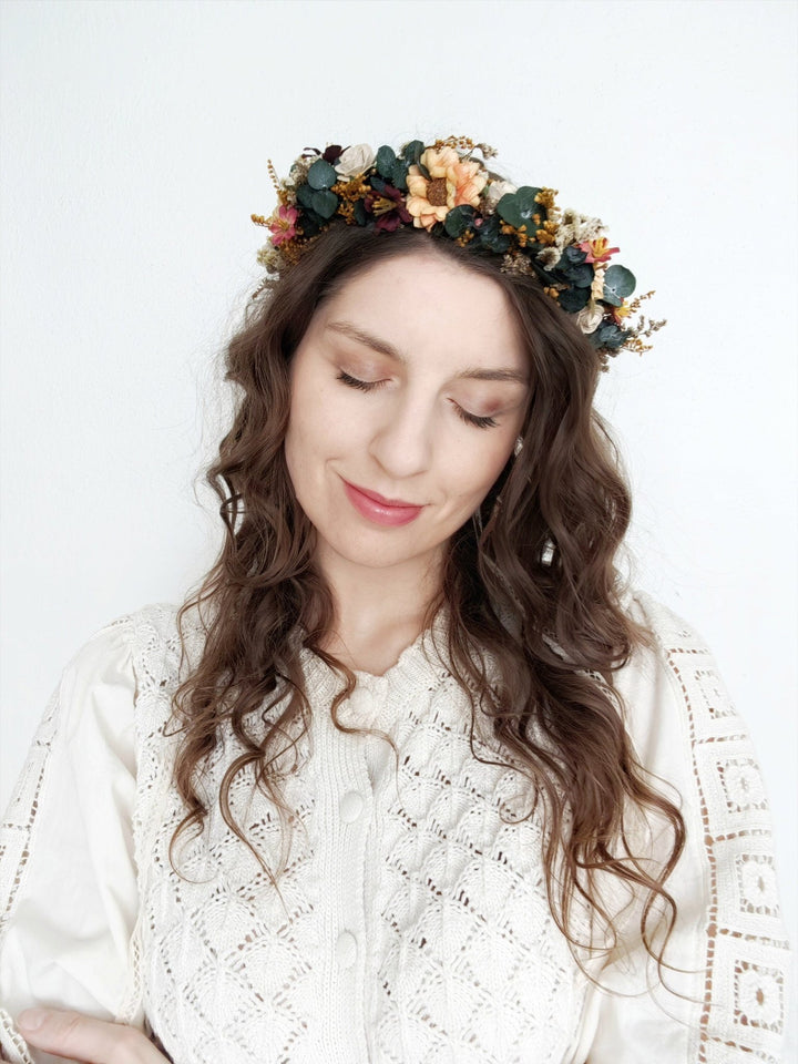 Boho Bridal Flower Crown: Autumn Wedding Headpiece with Eucalyptus – handmade floral hair accessory by magaela