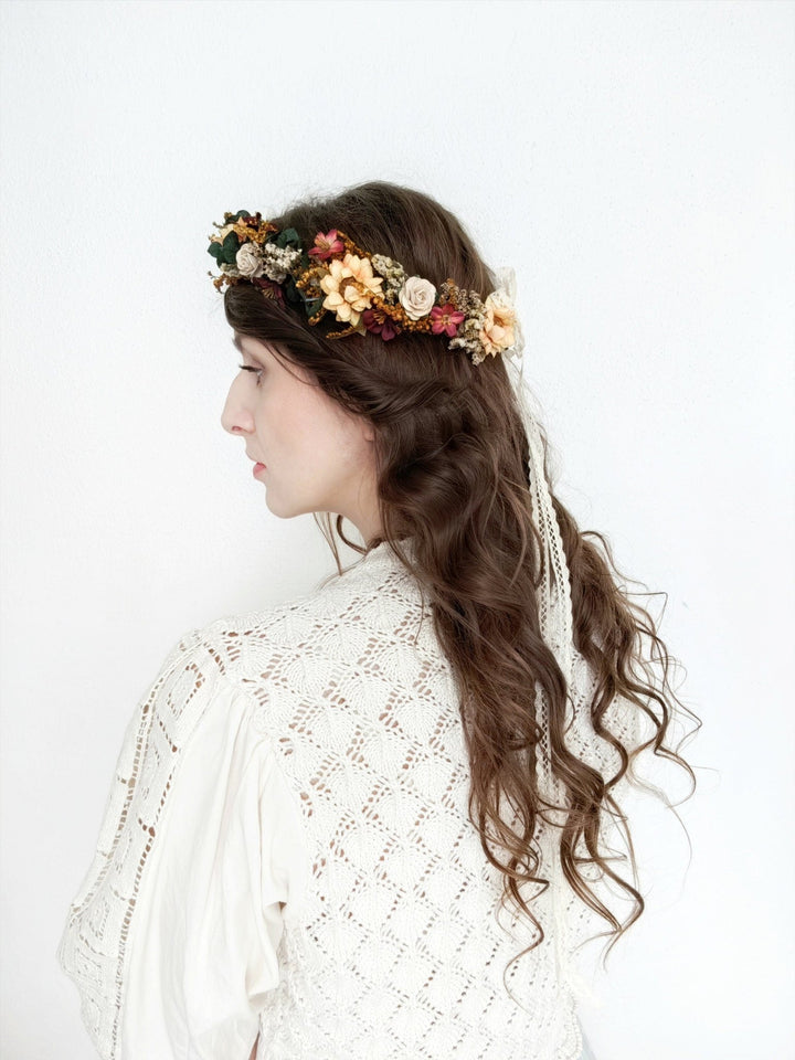 Boho Bridal Flower Crown: Autumn Wedding Headpiece with Eucalyptus – handmade floral hair accessory by magaela