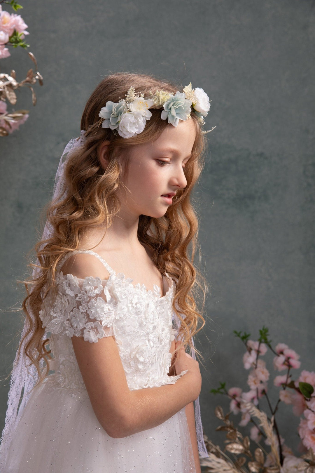 White Flower Crown with Veil: Boho Bridal Head Wreath – handmade floral hair accessory by magaela