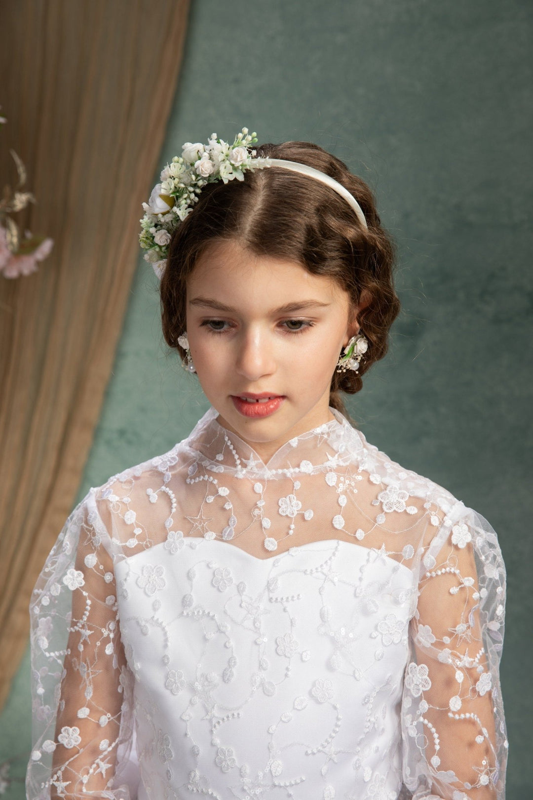 White Peonies Flower Headband: First Communion Crown – handmade floral hair accessory by magaela