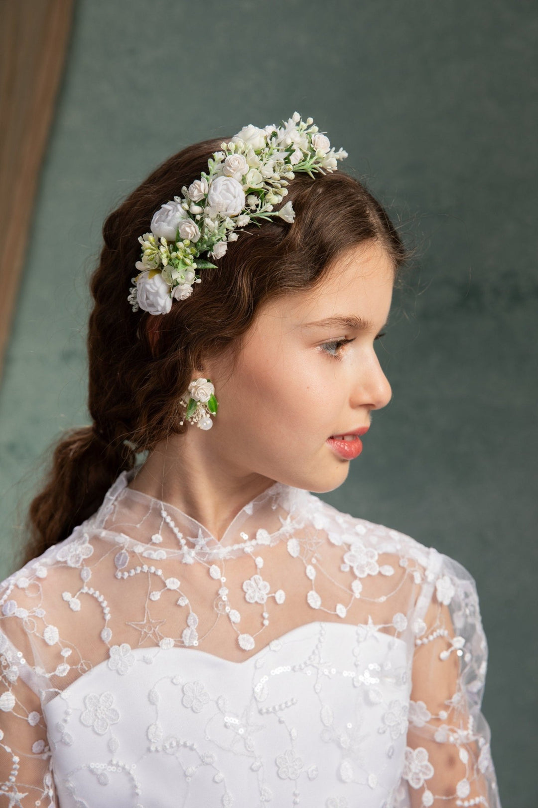 White Peonies Flower Headband: First Communion Crown – handmade floral hair accessory by magaela