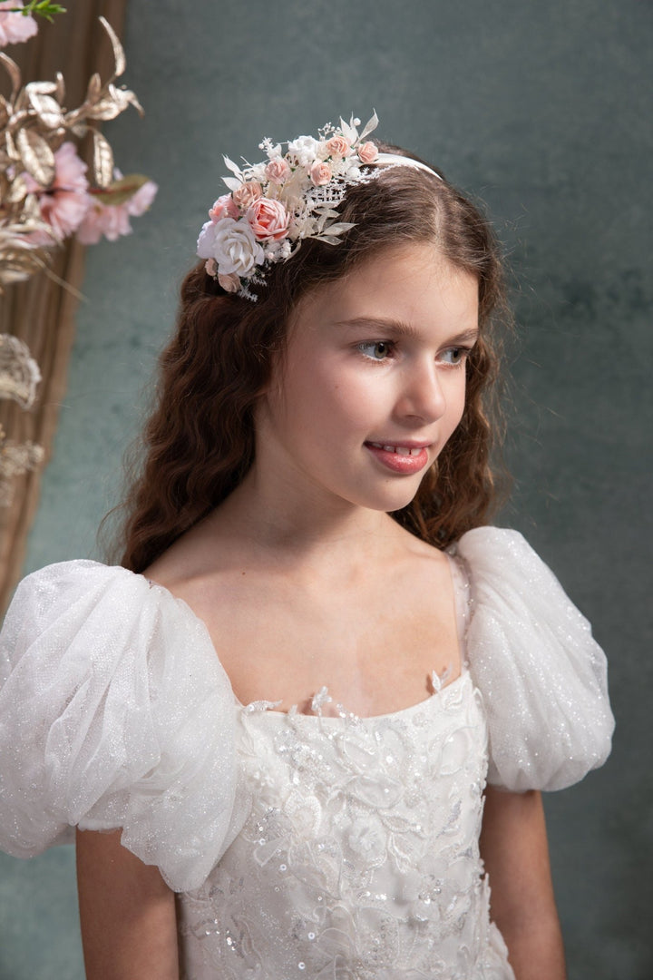White & Pink Flower Headband: First Communion, Bridal Headpiece – handmade floral hair accessory by magaela