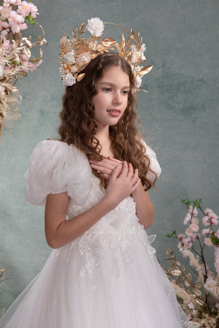 Golden Halo Crown: White Flower Headband, Holy Communion, Bridal – handmade floral hair accessory by magaela