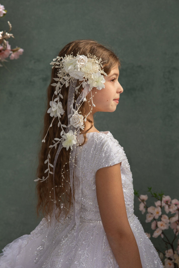 Flower Hair Clip with Veil: First Communion Headpiece – handmade floral hair accessory by magaela