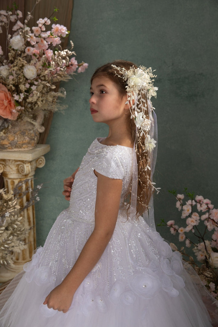 Flower Hair Clip with Veil: First Communion Headpiece – handmade floral hair accessory by magaela