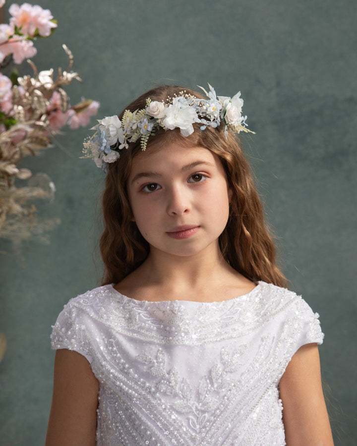 White Flower Hair Wreath with Veil: First Communion Headpiece – handmade floral hair accessory by magaela