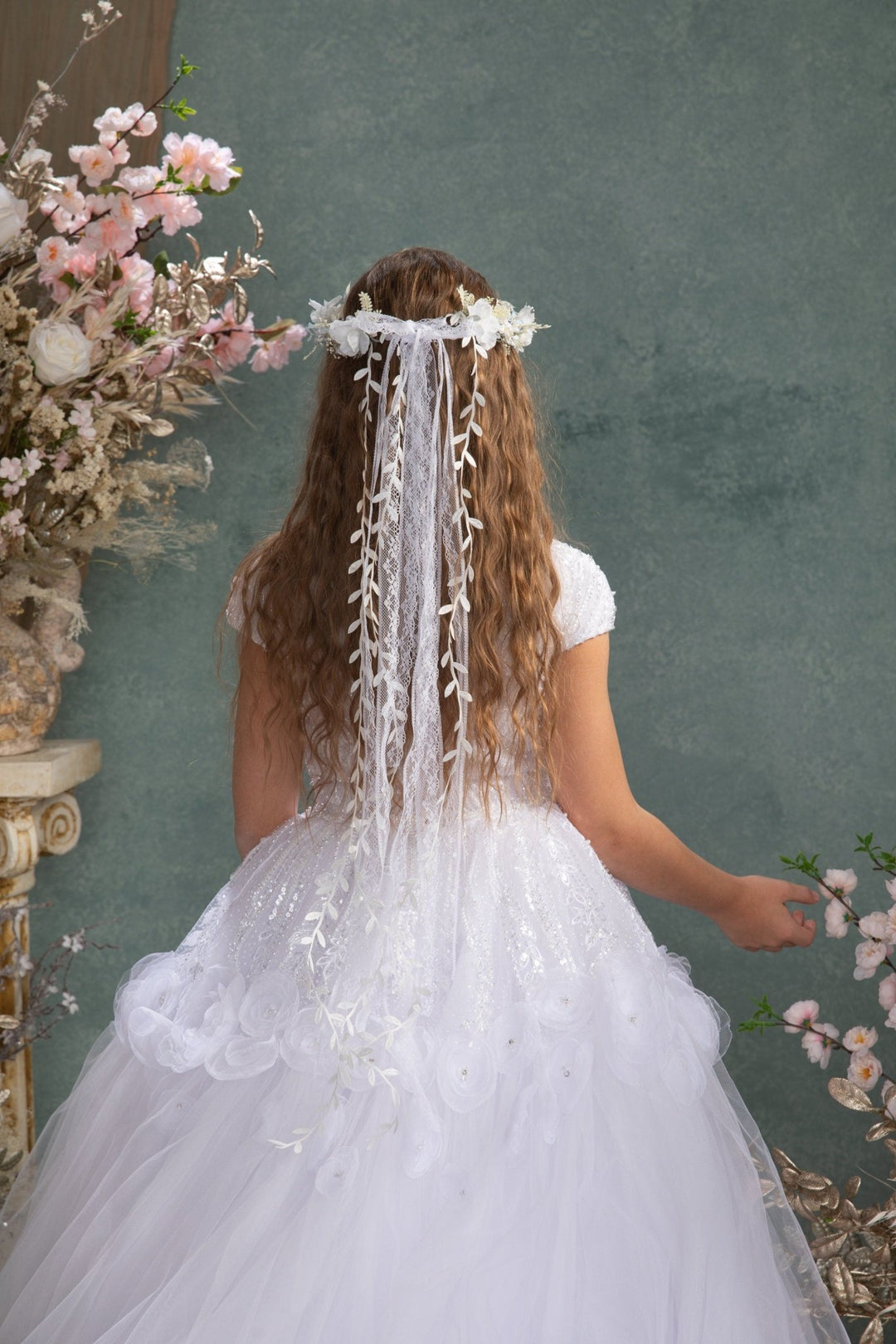 White Flower Hair Wreath with Veil: First Communion Headpiece – handmade floral hair accessory by magaela