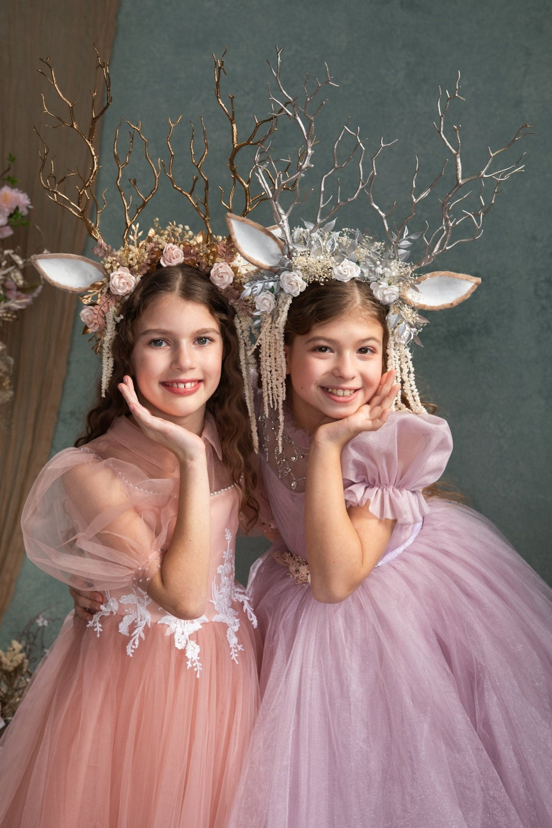 Pink Flower Crown with Gold Antlers: Fairytale Headband – handmade floral hair accessory by magaela