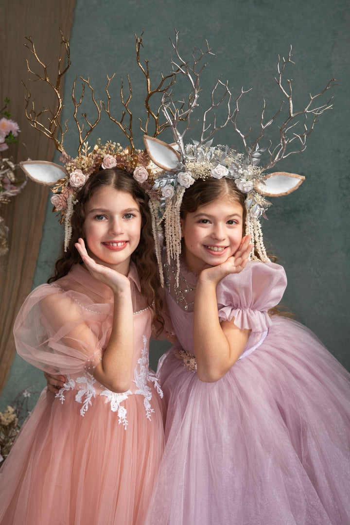 Pink Flower Crown with Gold Antlers: Fairytale Headband – handmade floral hair accessory by magaela