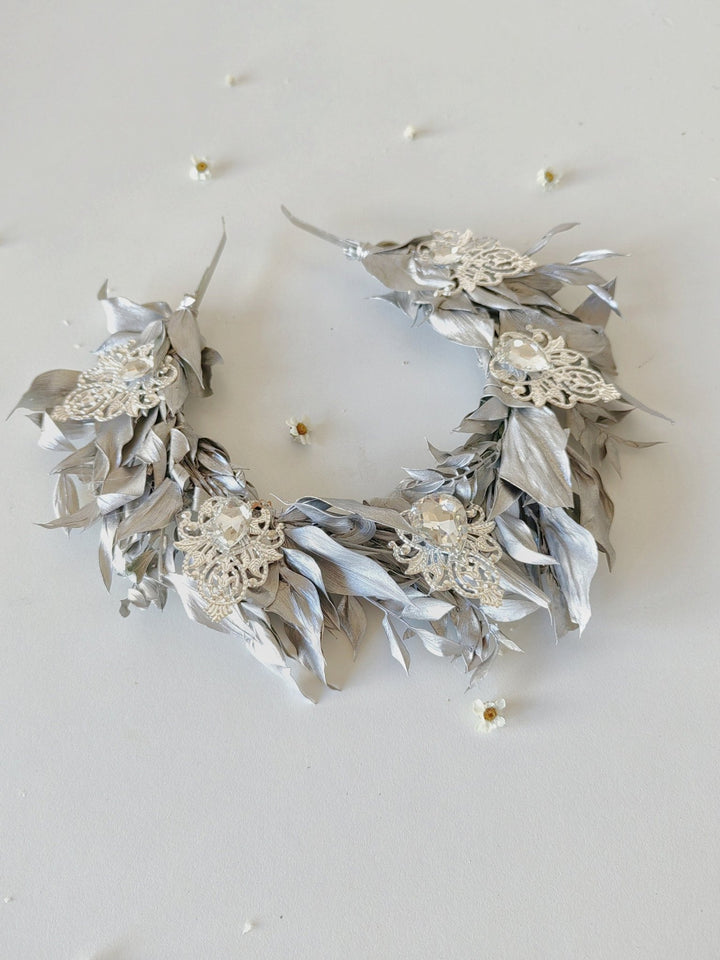 Silver Leaf Bridal Crown: Elegant Wedding Hair Tiara – handmade floral hair accessory by magaela