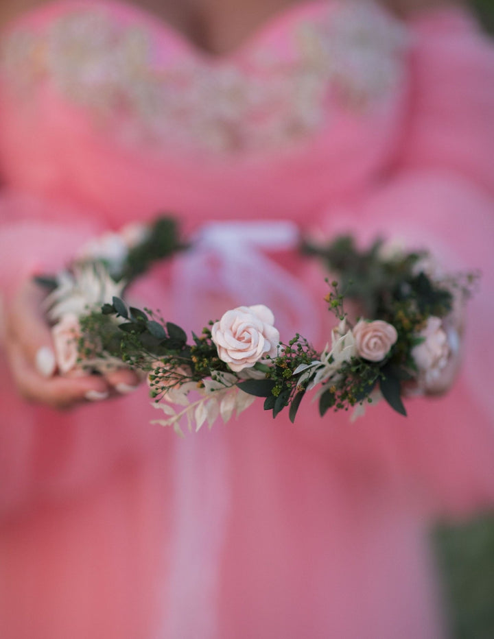 Blush Rose Wedding Hair Wreath: Romantic Bridal Flower Crown – handmade floral hair accessory by magaela
