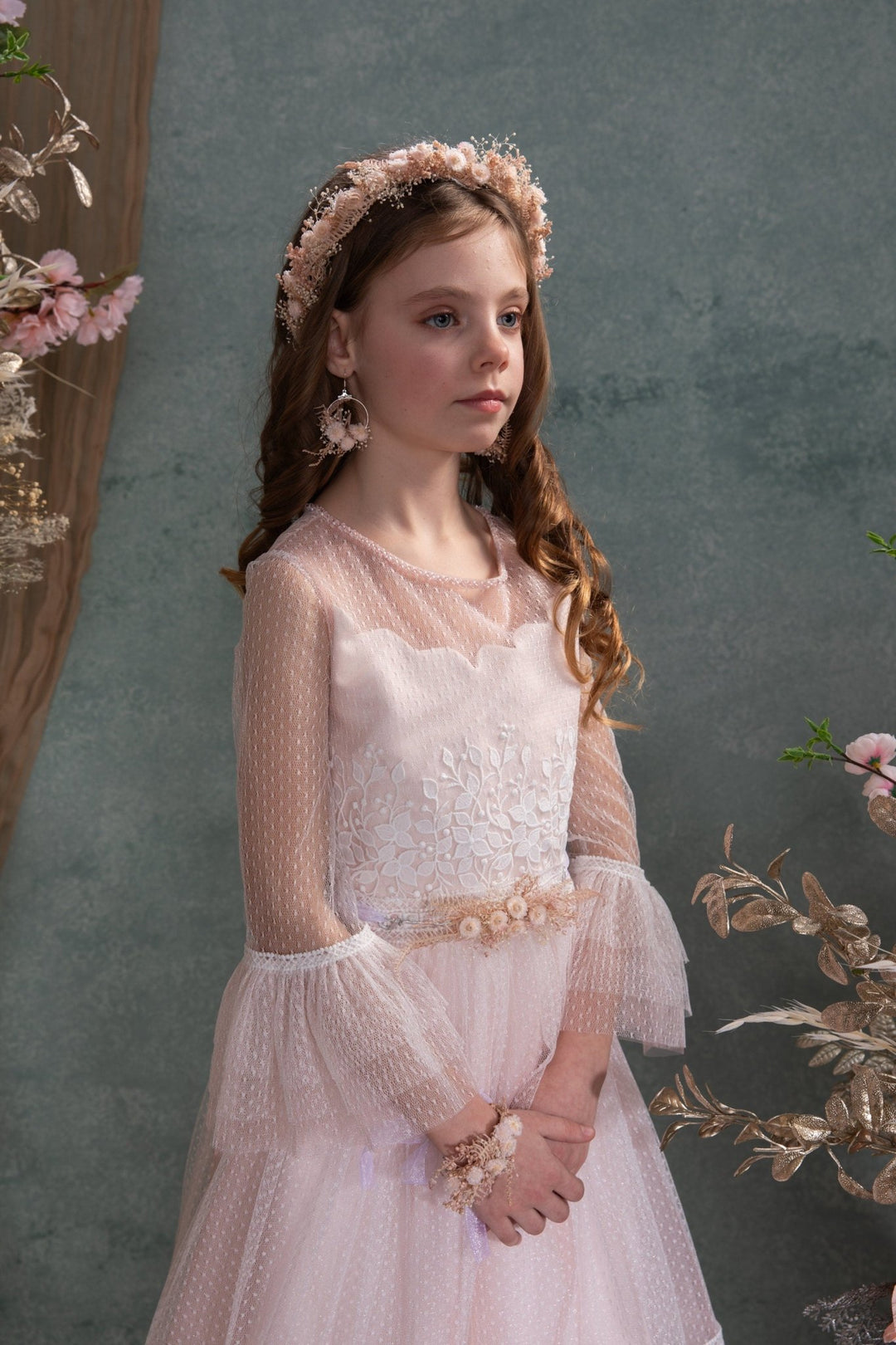 Preserved Flower Girl Belt: Pale Pink Cream Floral Communion Accessory – handmade floral hair accessory by magaela