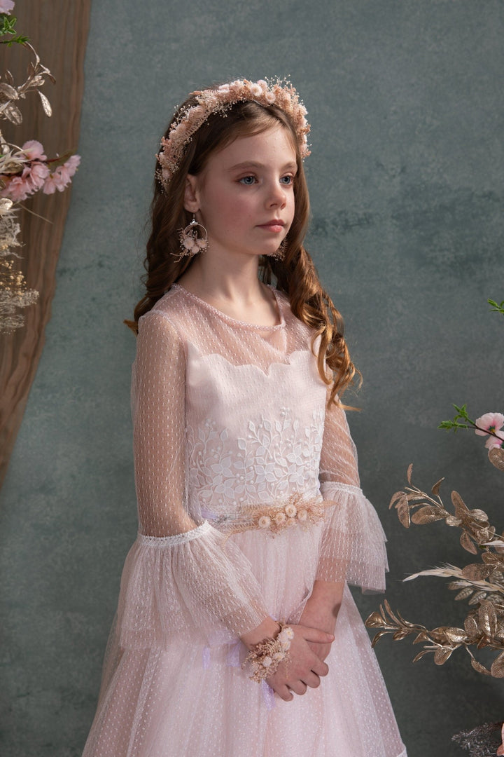 Preserved Flower Girl Belt: Pale Pink Cream Floral Communion Accessory – handmade floral hair accessory by magaela