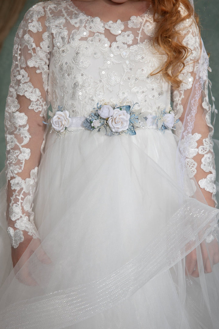 Boho Flower Belt: White Rose First Communion Dress Belt – handmade floral hair accessory by magaela