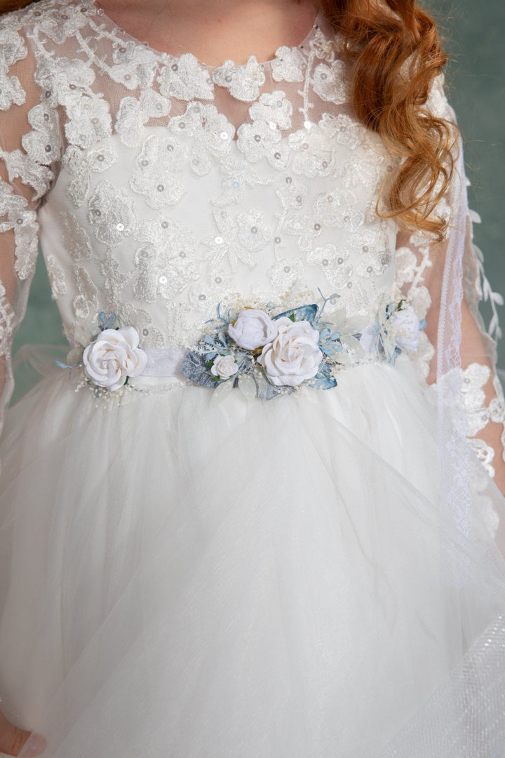 Boho Flower Belt: White Rose First Communion Dress Belt – handmade floral hair accessory by magaela