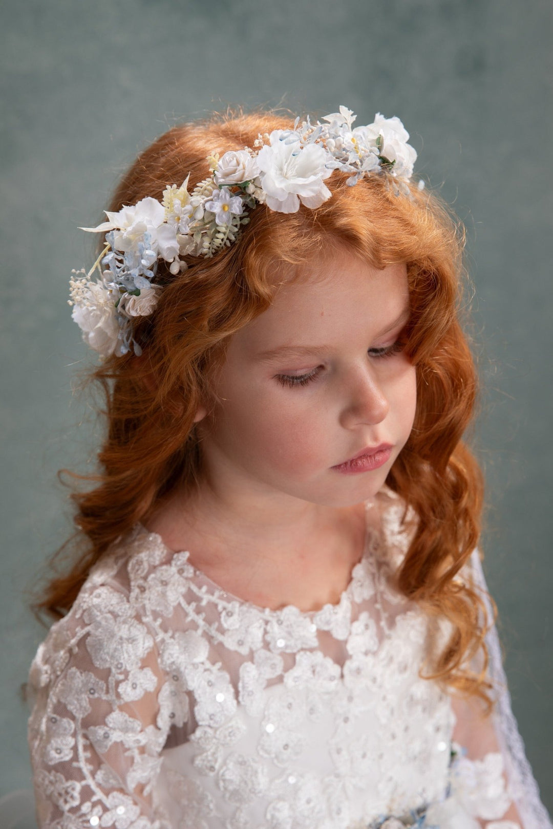 White Flower Hair Wreath with Veil: First Communion Headpiece – handmade floral hair accessory by magaela