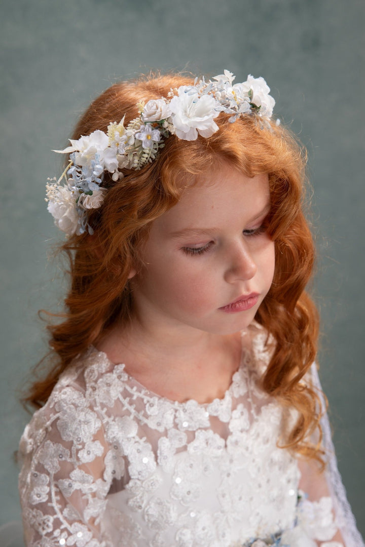 White Flower Hair Wreath with Veil: First Communion Headpiece – handmade floral hair accessory by magaela