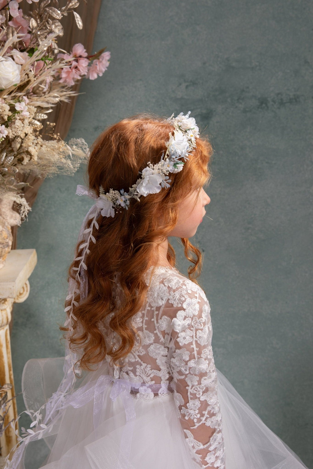 White Flower Hair Wreath with Veil: First Communion Headpiece – handmade floral hair accessory by magaela