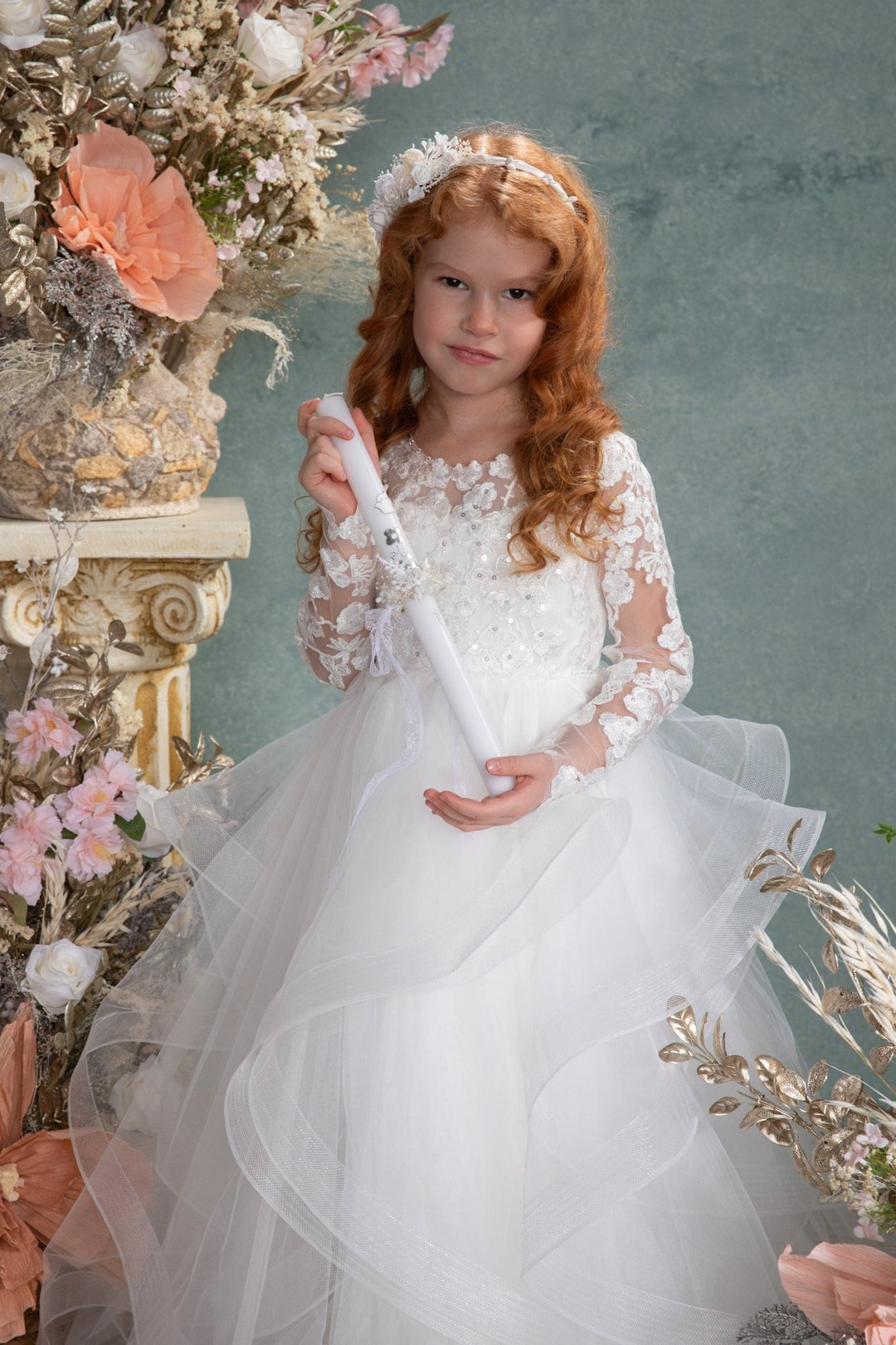 Handmade Floral Candle Decoration: First Holy Communion Candle Wreath – handmade floral hair accessory by magaela